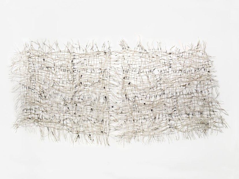 Kiyomi Iwata - Southern Crossing Three, 2014, kibiso, rice paper, paint, silkworm cocoons, 4.6 x 9 ft. - Photo by Taylor DabneyKiyomi Iwata - Southern Crossing Three, 2014, kibiso, rice paper, paint, silkworm cocoons, 4.6 x 9 ft. - Photo by Taylor Dabney