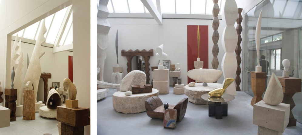 Studio di Brancusi ospitato presso il Centre Georges Pompidou. A sinistra: Foto di George Moga, via Flickr. A destra: Foto di Thor, via Flickr