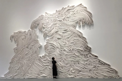 Force of Nature "Flow" by Jae Ko, Installation View. Recycled Paper, 20 feet (h) x 33 feet (w) x 5" (d), 2018