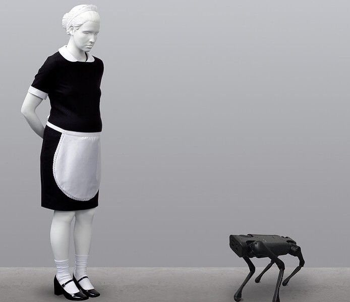 "Pregnant White Maid and Unitree A1 robot dog" by Elmgreen & Dragset